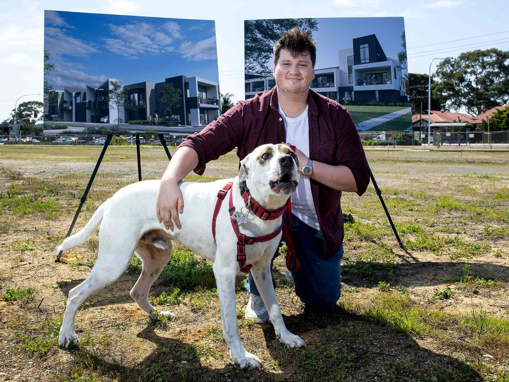 Potential homebuyer Benjamin Griffiths with his dog Fergus during a Inner-City Affordable Housing Boost announcement on Churchill road Prospect. Sunday, September, 10,2023. Picture Mark Brake