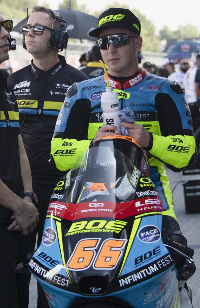 Joel Kelso of Australia and BOE Motorsport prepares to start on the grid during the Moto3 race during the MotoGP Of Catalunya. Picture: Mirco Lazzari gp/Getty Images.