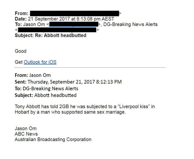 The email exchange in the ABC newsroom.