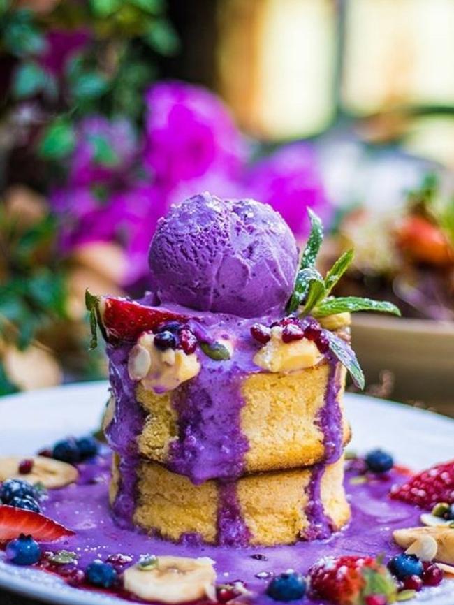 Double stack pancakes with ube ice-cream. Picture: @Kerabeareats