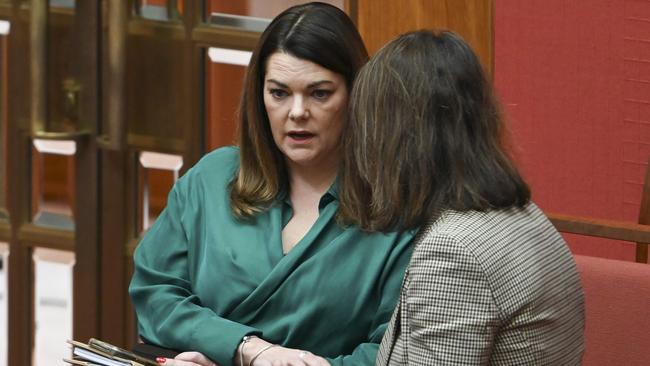 Greens senator Sarah Hanson-Young seen with the Coalition’s spokesperson for health and aged care, Anne Ruston in the Senate on Monday. Picture: NewsWire / Martin Ollman