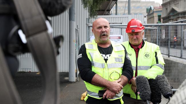 CFMEU spokesman Shaun Reardon and state secretary Kevin Harkins giving an update on issues with contractors at the Royal Hobart Hospital. Picture: JENNIFER HOLDSWORTH