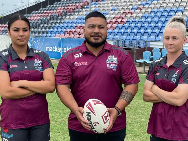 Jasmine Peters with her Dad and new coach Marco alongside Emma Manzelmann after the official announcement of the Mackay Cutters BMD premiership team in the Womens competition.