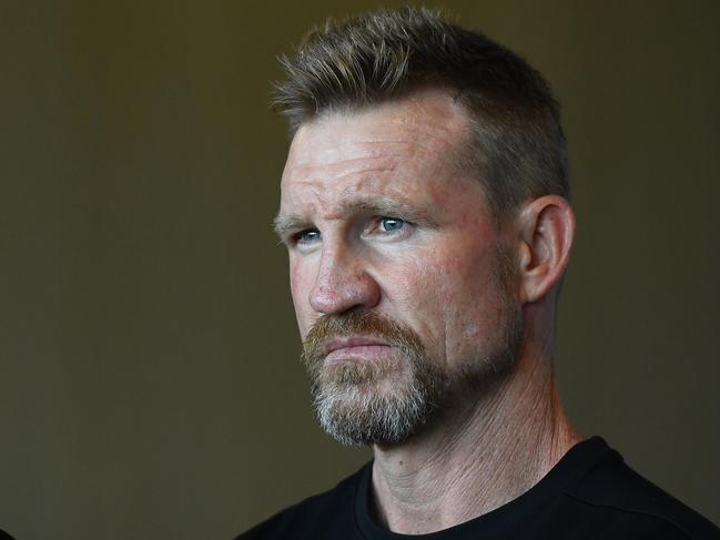 MELBOURNE, AUSTRALIA - MARCH 16: Magpies head coach Nathan Buckley speaks to the media during a Collingwood Magpies AFL training session at Holden Centre on March 16, 2021 in Melbourne, Australia. (Photo by Quinn Rooney/Getty Images)