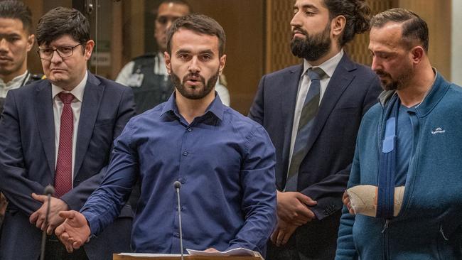 Mustafa Boztas addresses Brenton Tarrant in Christchurch on Wednesday. Picture: Getty Images