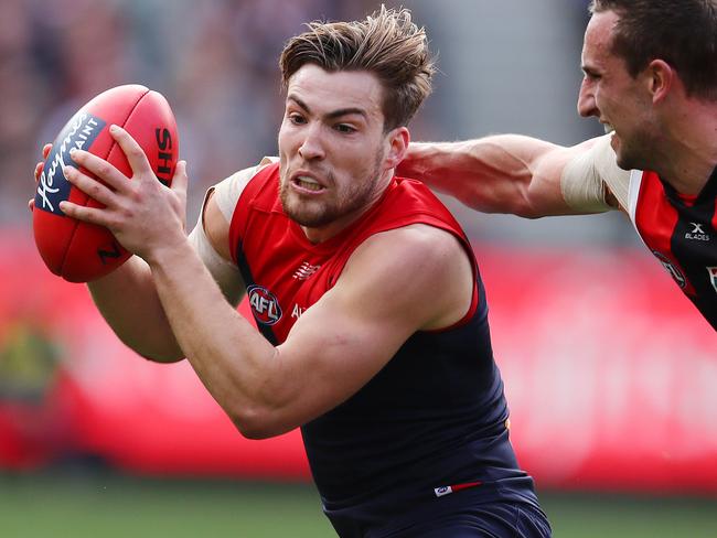 AFL Round 21. Melbourne v St Kilda at the MCG. Melbourne's Jack Viney caught by St Kilda's Luke Dunstan 3rd qtr   . Pic: Michael Klein