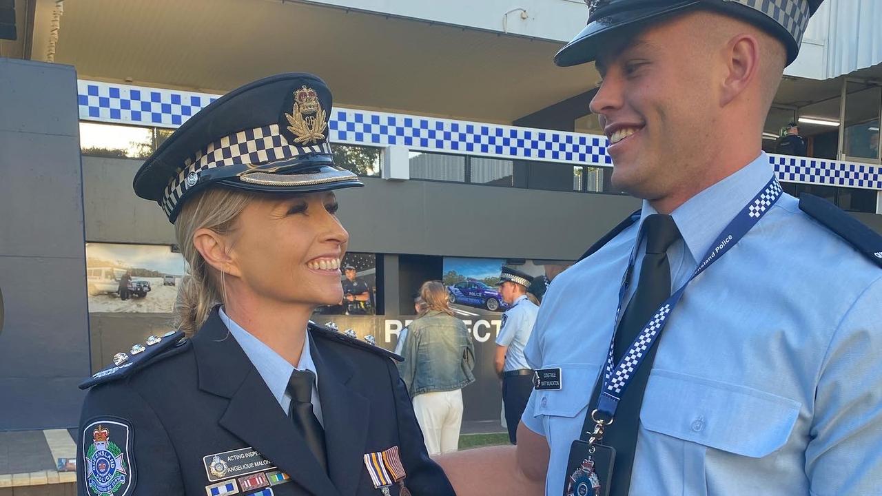Senior Sergeant Angelique Maloney with son Matt Munckton after he was inducted into the ranks of the Queensland Police Academy. Picture: supplied.