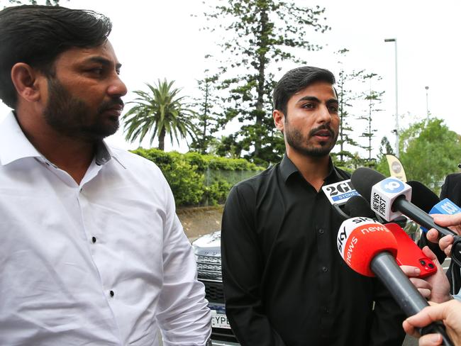 Muzafar Tahir, left, and Sheraz Tahir talk to media outside Lidcombe coroner’s court about their brother, Faraz Tahir, the security guard killed at Bondi Junction. Picture: NewsWire/Gaye Gerard