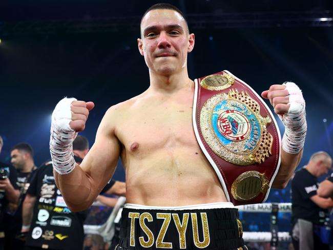 GOLD COAST, AUSTRALIA - JUNE 18: Tim Tszyu celebrates victory over Carlos Ocampo during the WBO Iterim Super-Welterwight title bout at Gold Coast Convention and Entertainment Centre on June 18, 2023 in Gold Coast, Australia. (Photo by Chris Hyde/Getty Images)