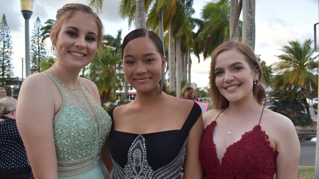 Sarah Quigley, Adela Cameron, and Jade Fleischer at the Sarina State High School formal at the MECC, Mackay, on Thursday November 19. Picture: Zizi Averill
