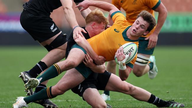 Angus Grover was a standout in the Australia U18s v New Zealand Schools battle. Pictures: Fiona Goodall/Getty Images for Rugby Australia