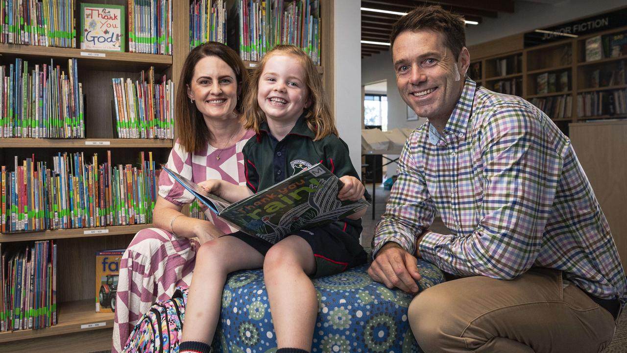 St Saviour's Primary School prep student Molly wth mum Lauren Logan and dad year 6 teacher Henry Logan on their first day of school, Wednesday, January 29, 2025. Picture: Kevin Farmer