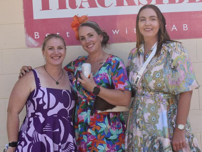 Julie Fisher, Tamara Kemmerling and Rachel Higgins at the Yeppoon race day at Keppel Park racecourse on April 26, 2025.