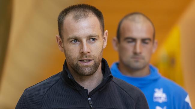 Sam Docherty and Ben Cunnington spoke at the Royal Children’s Hospital ahead of Carlton’s first involvement in the Good Friday charity match this week. Picture: Daniel Pockett / Getty Images