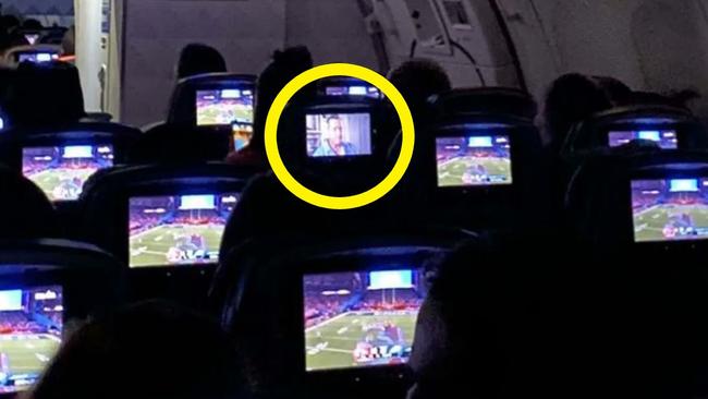 The passenger’s choice of in-flight entertainment went viral. Picture: Twitter