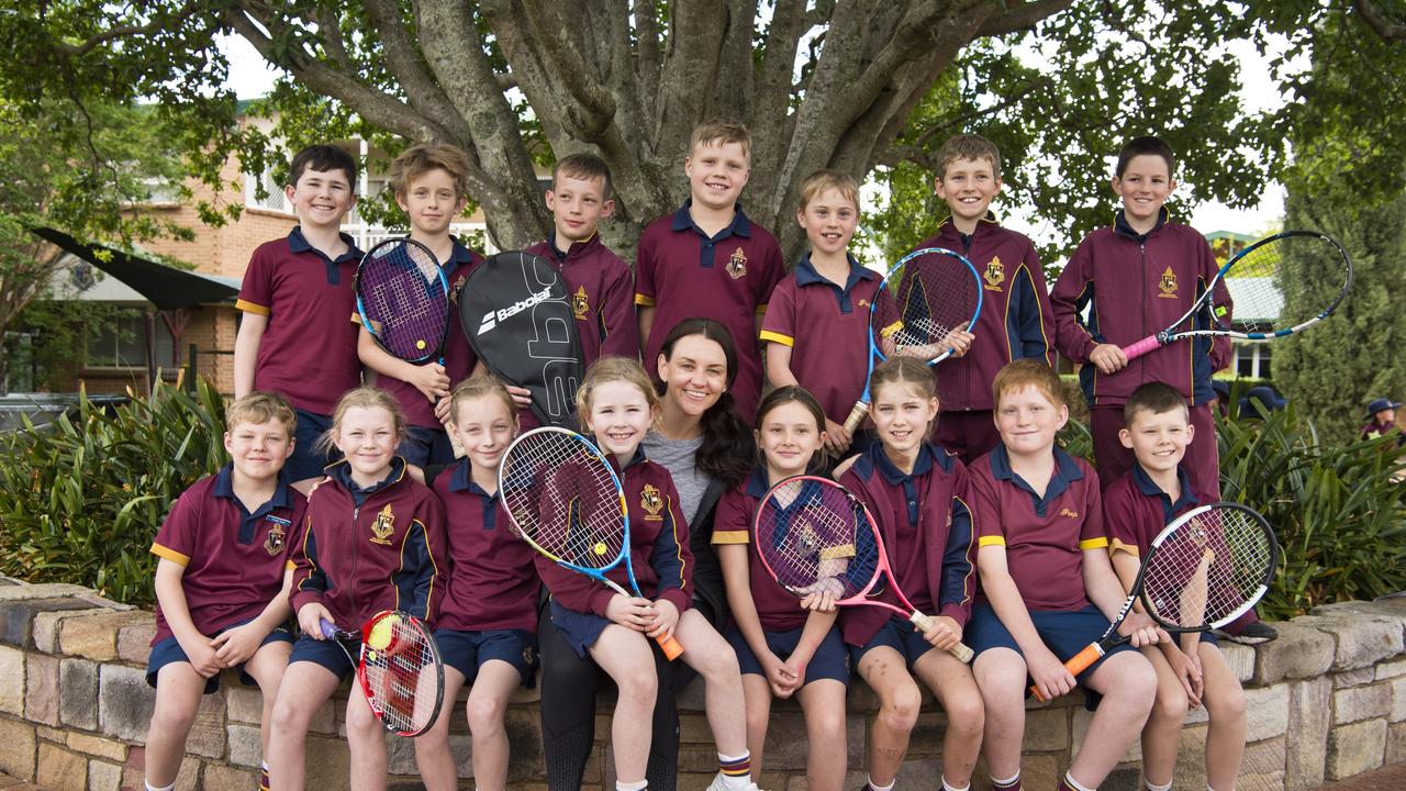 Retired Australian professional tennis player Casey Dellacqua with Toowoomba Anglican School students (front, from left) Cooper Cook, Felicity Taylor, Mackenzie Zimmerle, Aggie Rafter, Courtney Primus, Elle Middleton, Tom Pimm, Hugh Bliss and (back, from left) Charlie Rafter, Harry Sanson, Declan Zimmerle, Charlie Barwick, Will Ward, Will Comerford and Tom Dewar, Friday, October 11, 2019. Picture: Kevin Farmer