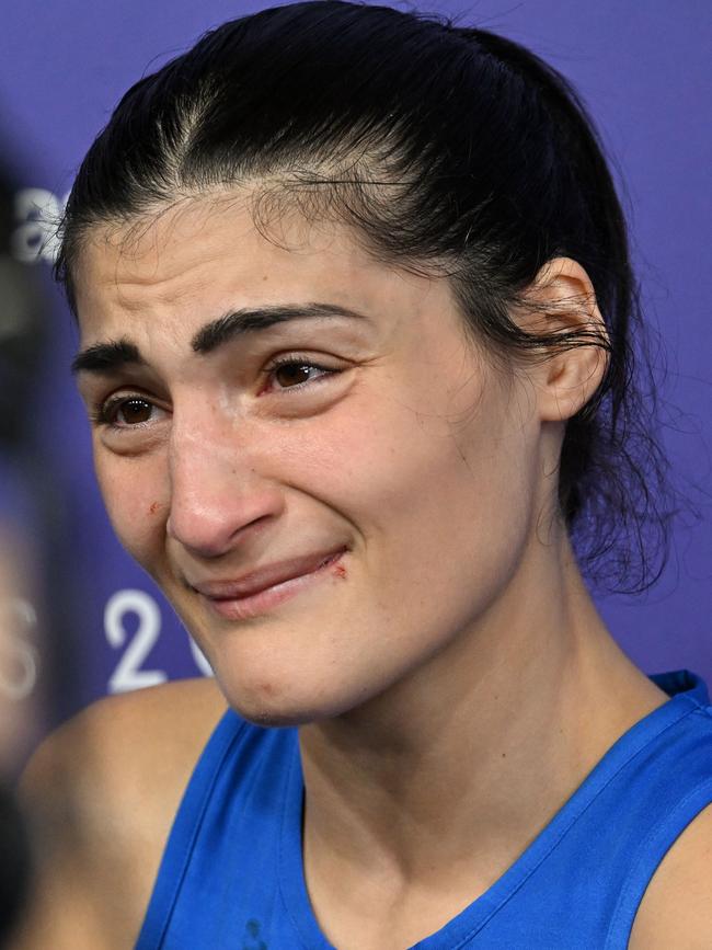 A tearful Carini after bowing out of the bout. Picture: Fabio Bozzani/Anadolu via Getty Images