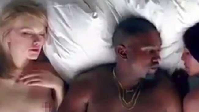 Kanye West may have just further cranked up the levels of his spat with Taylor Swift by using a very convincing Swifty lookalike. Picture: Youtube.