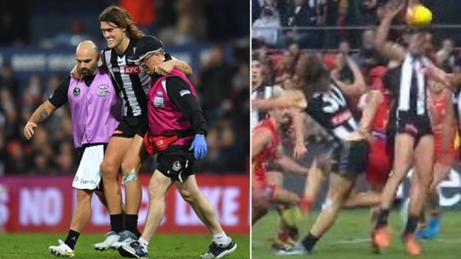 Darcy Moore faces an anxious wait on scans after he suffered a knee injury in Collingwood's defeat of Gold Coast.