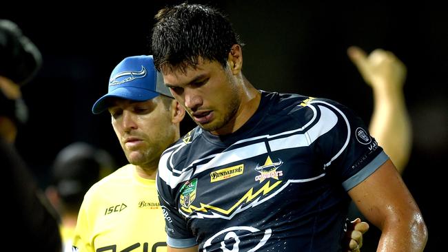 Jordan McLEAN Injured NRL Round 4. North Queensland Cowboys Vs Penrith Panthers at 1300smiles Stadium. Picture: Alix Sweeney