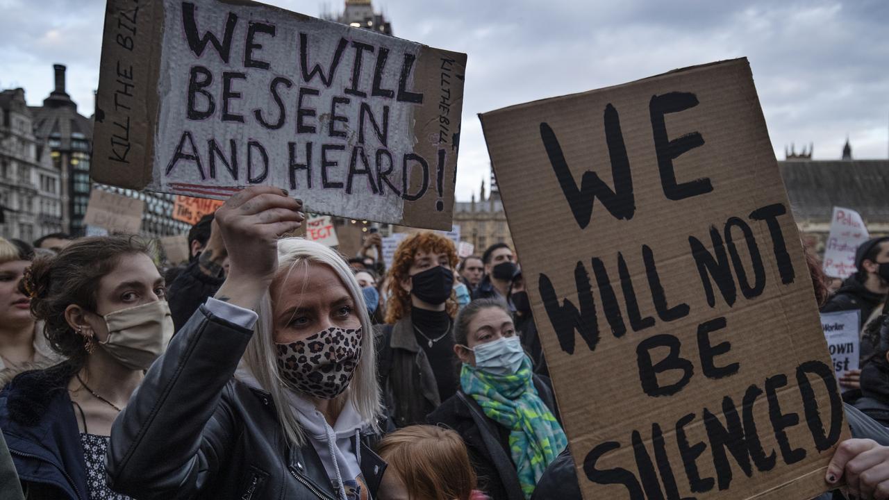 Members of the UK public protest against the The Police, Crime, Sentencing and Courts Bill and the actions of the police at Saturday night's vigil. The police force was being criticised for its response to the vigil, where they forcibly arrested several participants for violations of pandemic-era rules on public assembly. Picture: Dan Kitwood/Getty Images