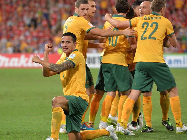 BRISBANE, AUSTRALIA - JANUARY 22: Tim Cahill of Australia celebrates after scoring a goal during the 2015 Asian Cup match between China PR and the Australian Socceroos at Suncorp Stadium on January 22, 2015 in Brisbane, Australia. (Photo by Bradley Kanaris/Getty Images)