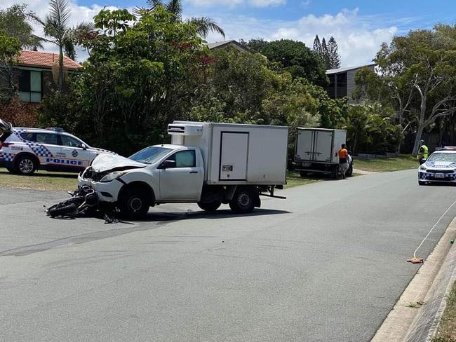 The scene of a car and motorbike crash at Peregian Beach on Tuesday, February 7.