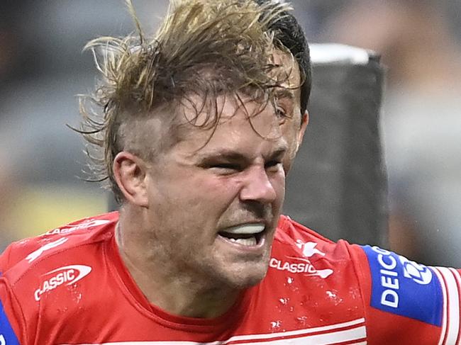 TOWNSVILLE, AUSTRALIA - MAY 13: Jack De Belin of the Dragons celebrates after scoring a try  during the round 11 NRL match between North Queensland Cowboys and St George Illawarra Dragons at Qld Country Bank Stadium on May 13, 2023 in Townsville, Australia. (Photo by Ian Hitchcock/Getty Images)