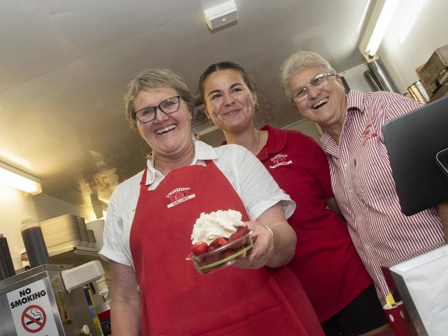 Kerry Braun, Dot Rendell, Louisa Birkelbach in the Strawberries Galore van at the Mildura Show 2024. Picture: Noel Fisher