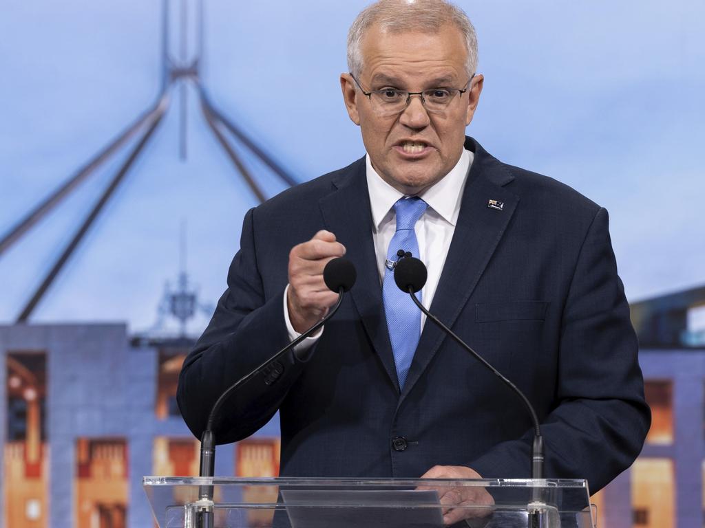 Down but not dead. Australian Prime Minister Scott Morrison during Sunday night’s debate. Photo: Alex Ellinghausen