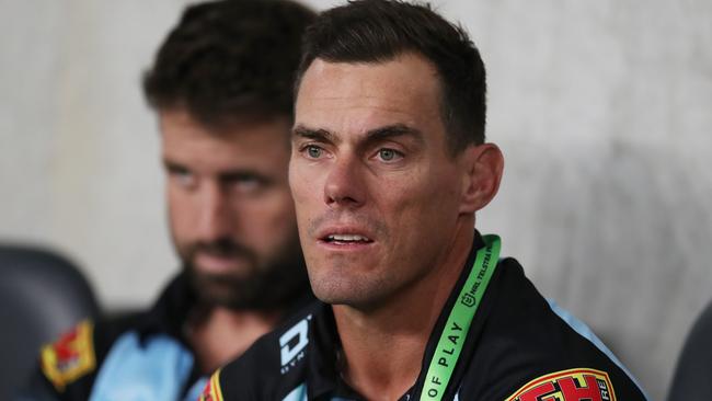 SYDNEY, AUSTRALIA - MARCH 27:  Sharks head coach John Morris looks on during the round three NRL match between the Parramatta Eels and the Cronulla Sharks at Bankwest Stadium on March 27, 2021, in Sydney, Australia. (Photo by Matt King/Getty Images)