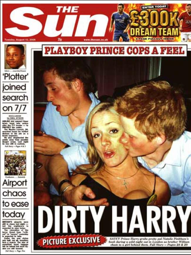 The front page of The Sun in 2006 showed Prince Harry with his hand on the breast of a female friend.