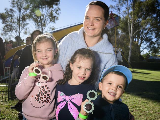 Sam Death with kids (from left) Payten Belford, Maisey Death and Miles Death at Sadie's Day Out. The event, a special celebration of the life of five-year-old crash victim Sadie, was held at Cambooya State School, Saturday, June 7, 2025. Picture: Kevin Farmer