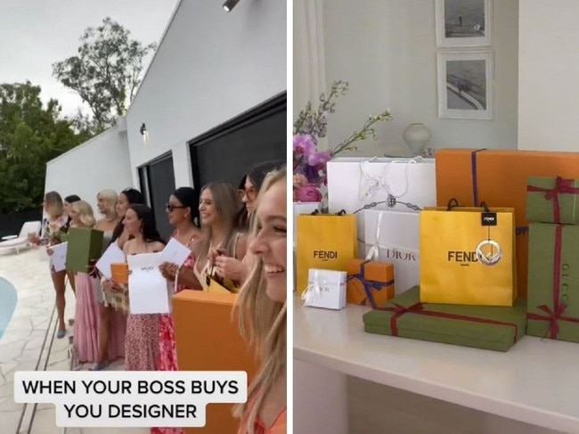 An overjoyed employee has left her followers green with envy after she posted images of her boss lavishing the entire team with designer presents. Picture: TikTok/@tahliaaedwards