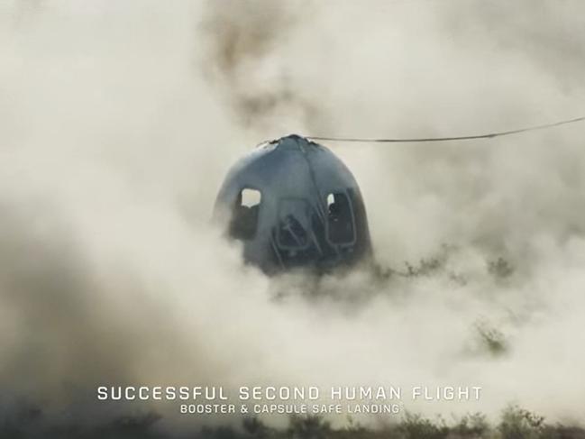 In this still image taken from a Blue Origin video, the New Shepard NS-18 mission capsule lands in the West Texas region. Picture: AFP