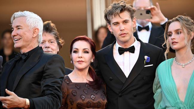 (L to R) Baz Luhrmann, Priscilla Presley, Austin Butler and Olivia DeJonge. Picture: LOIC VENANCE / AFP