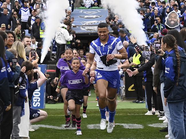 Stephen Crichton leads the Bulldogs out at Belmore. NRL Imagery