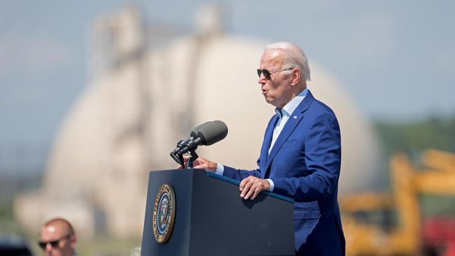 Joe Biden makes his climate emergency speech at Brayton Point power station in Massachusetts. Picture: AFP