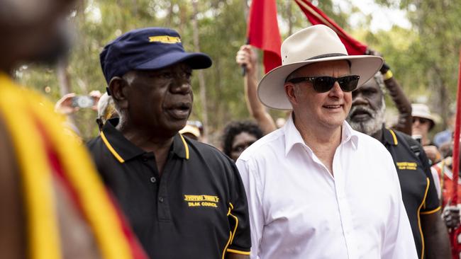 PM Albanese and Djawa Yunupingu at the Garma Festival 2024 opening ceremony. Photo: Teagan Glenane for Yothu Yindi Foundation