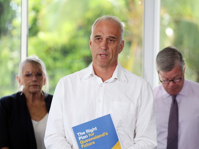 LNP candidate for Mackay Nigel Dalton (centre) during a media conference in Mackay. Picture: Liam Kidston.