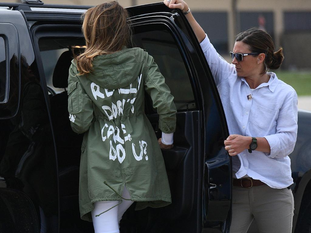 Melania Trump caused quite a stir when she wore a jacket emblazoned with the words "I really don't care, do you?" following her surprise visit with child migrants on the US-Mexico border. The green Zara jacket from Zara sparked countless think pieces. At the time, Donald Trump said it was a message to the “Fake Media”. She later said she wore it for the “left-wing media” who criticise her. Picture: AFP