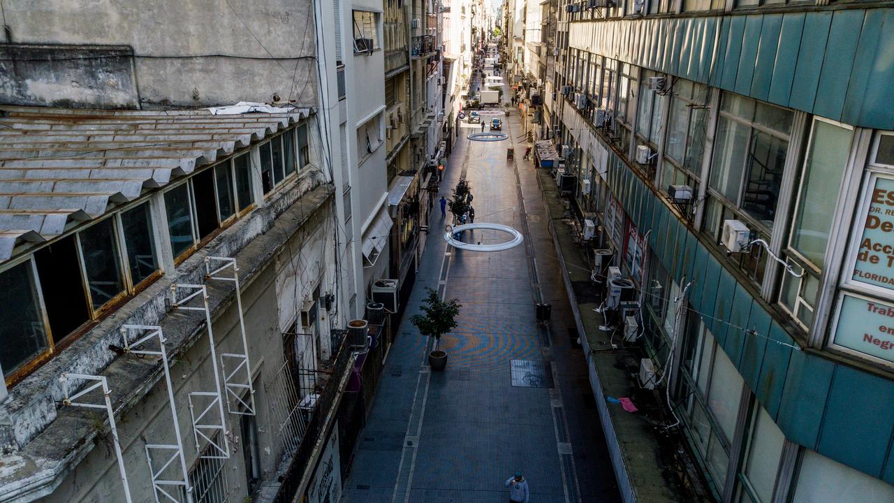 Aerial view of an near empty downtown pedestrian Lavalle street on April 14, 2020 in Buenos Aires, Argentina. Picture: Getty Images