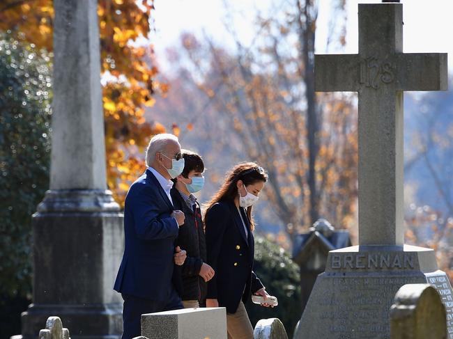 Joe Biden attended church and visited the graves of his late son, daughter and wife, the day after he ascended to the US presidency. Picture: AFP