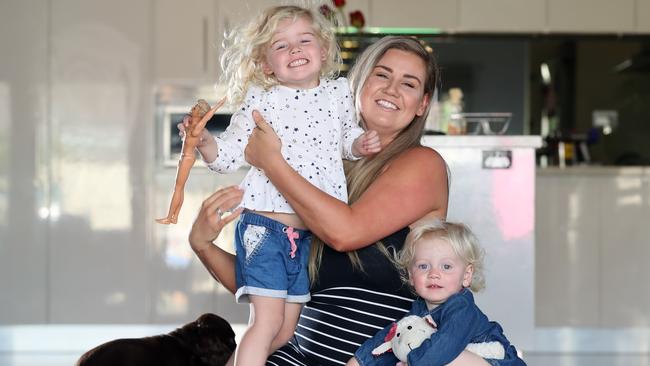 <i>Herald Sun's</i> new columnist Abby Gilmore at home with her kids Milla, 3, and Arlo, 20 months. Picture: Alex Coppel.