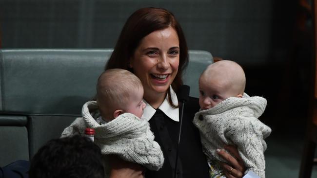 Member for Lilley Anika Wells, with twin sons Ossian and Dashiell, on March 22. Picture: Getty