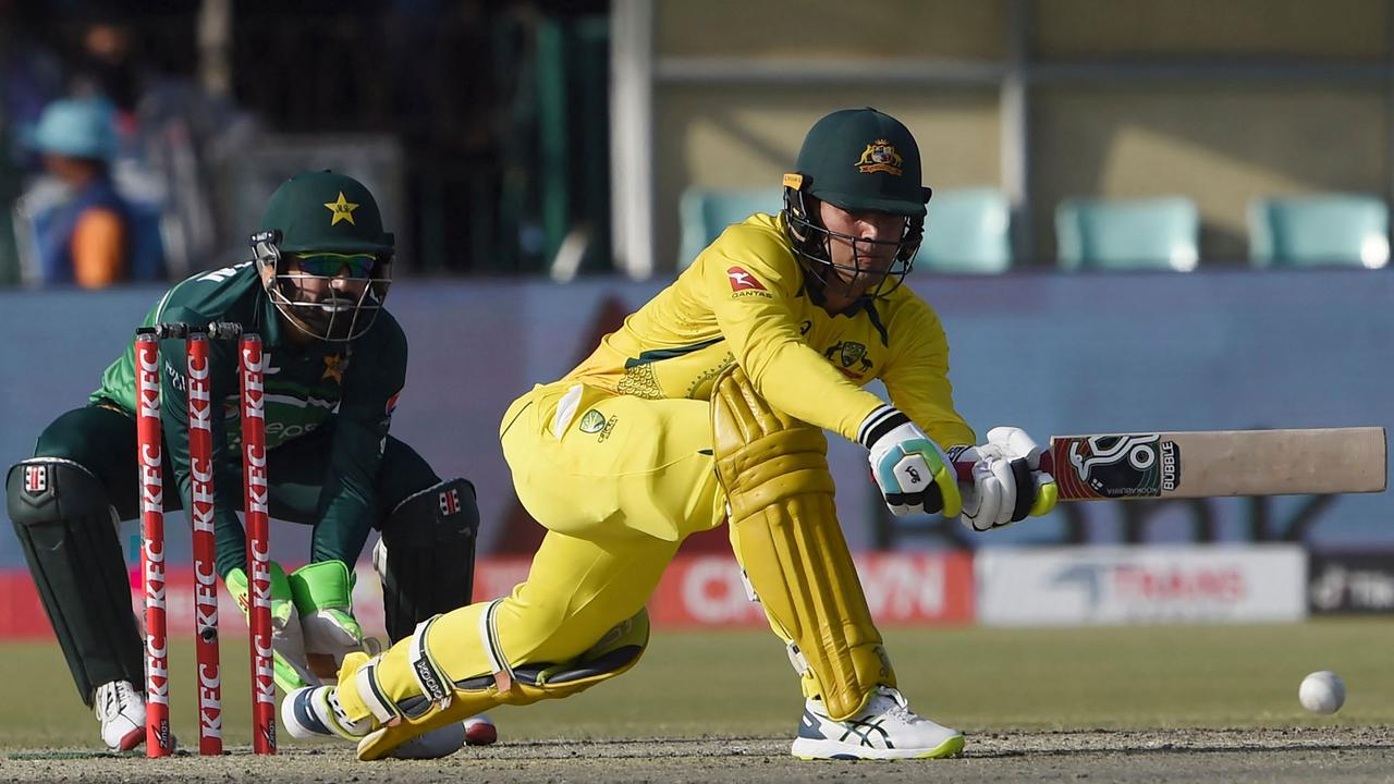 Australia's Alex Carey plays a sweep during his half-century against Pakistan in the third ODI in Lahore. Photo: AFP