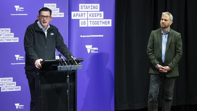 Daniel Andrews and Brett Sutton address the media. Picture: Taylor.