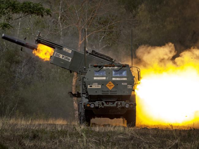 NUEVA ECIJA, PHILIPPINES - MARCH 31: US and Philippine troops fire a High Mobility Artillery Rocket System (HIMARS) during live fire exercises as part of US-Philippines army-to-army joint drills on March 31, 2023 in Laur, Nueva Ecija, Philippines. Philippine and U.S. troops held live-fire exercises aimed at enhancing Manila's defense capabilities against external threats as part of the annual army-to-army drills called 'Salaknib', which involved more than 3,000 troops, and in preparation for the biggest ever joint military drills called 'Balikatan' next month. The upcoming joint exercises will involve 17,600 participants from both sides, including around 12,000 from the United States, and come amid what the Philippines calls "aggressive" Chinese actions in the South China Sea. (Photo by Ezra Acayan/Getty Images)