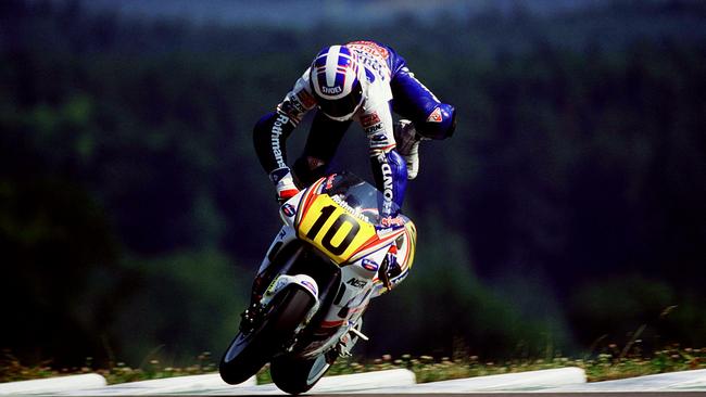 Wayne Gardner is thrown from his motorcycle and headed for a crash in the 1990 Czech Grand Prix, in a scene from documentary film Wayne Transmission Films