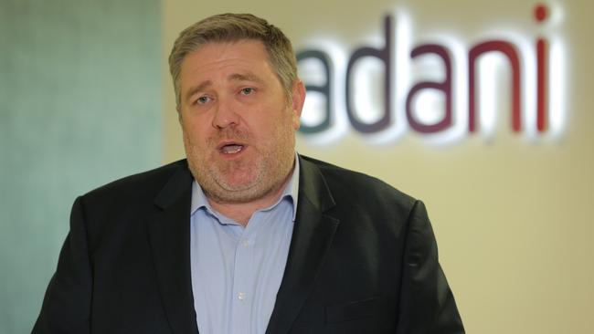 Lucas Dow, CEO Adani Mining at a media conference in Brisbane. Pic Mark Cranitch.